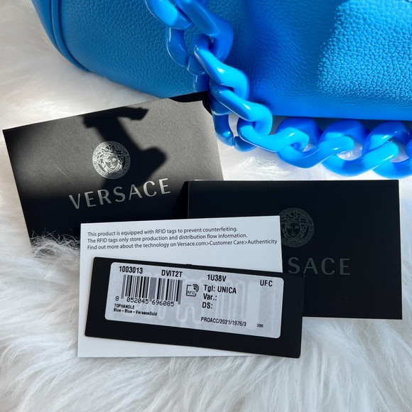 NEW! VERSACE La Medusa Blue Leather Drawstring Hobo Satchel Bucket Bag Travel - Picture 14 of 17